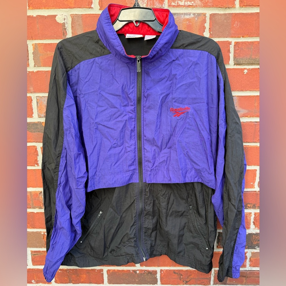 Vintage Reebok Black Purple XL Full Zip Hooded Lightweight Jacket Windbreaker M8